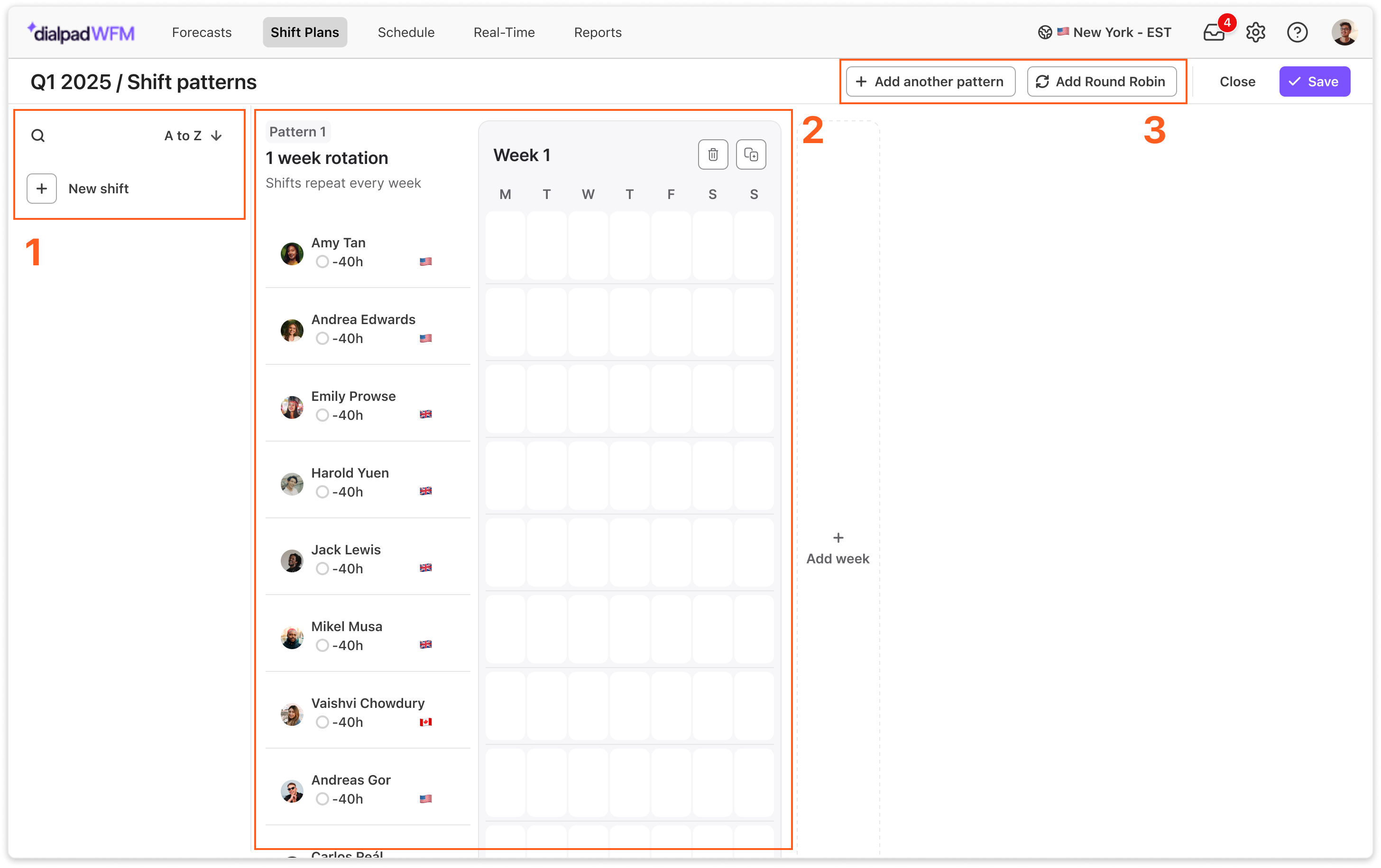 Shift patterns for Q1 2025, displaying employee names and weekly rotation options.
